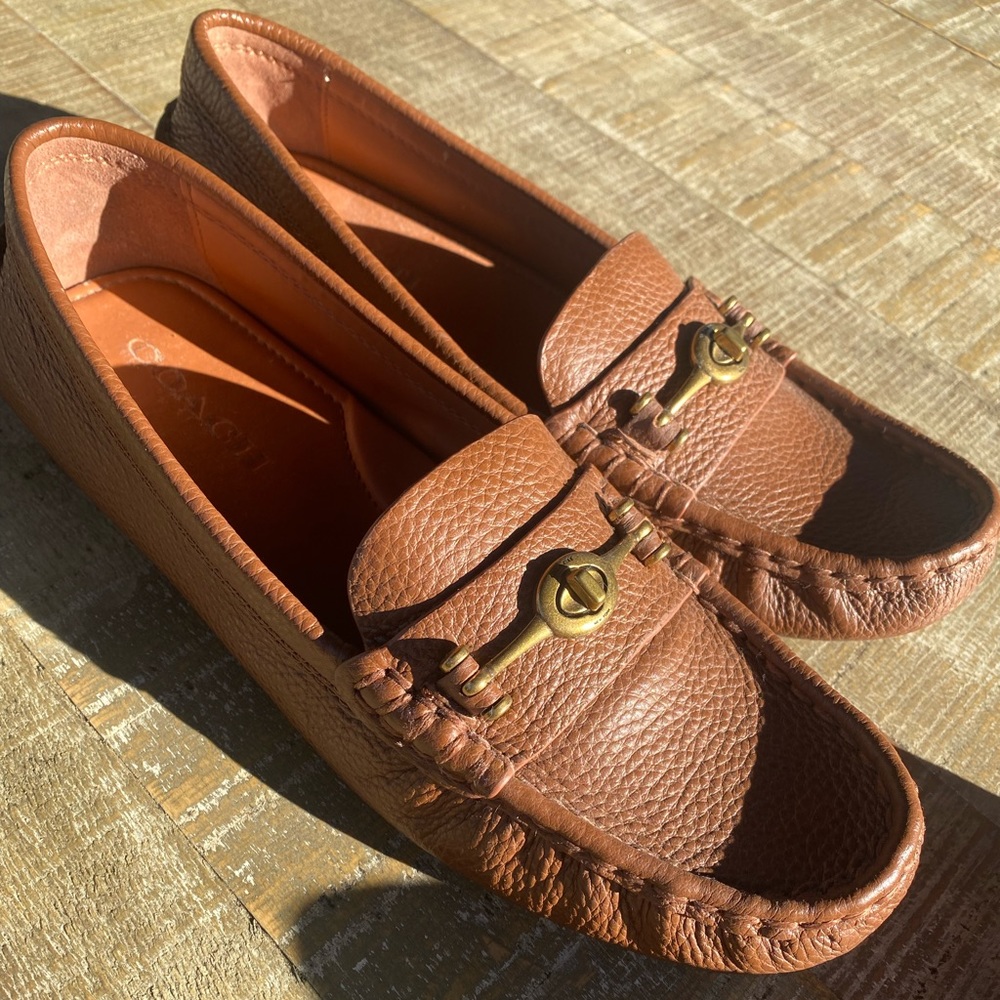 Brown Leather Moccasin Loafers with Brass Accent